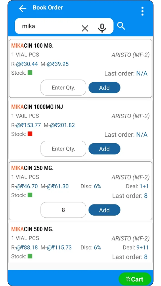 Book Order screen with product search
