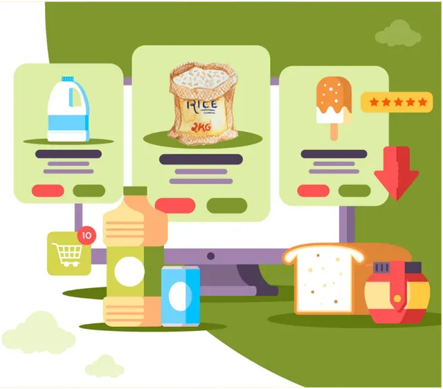 Illustration of FMCG cartons and a distributor billing screen